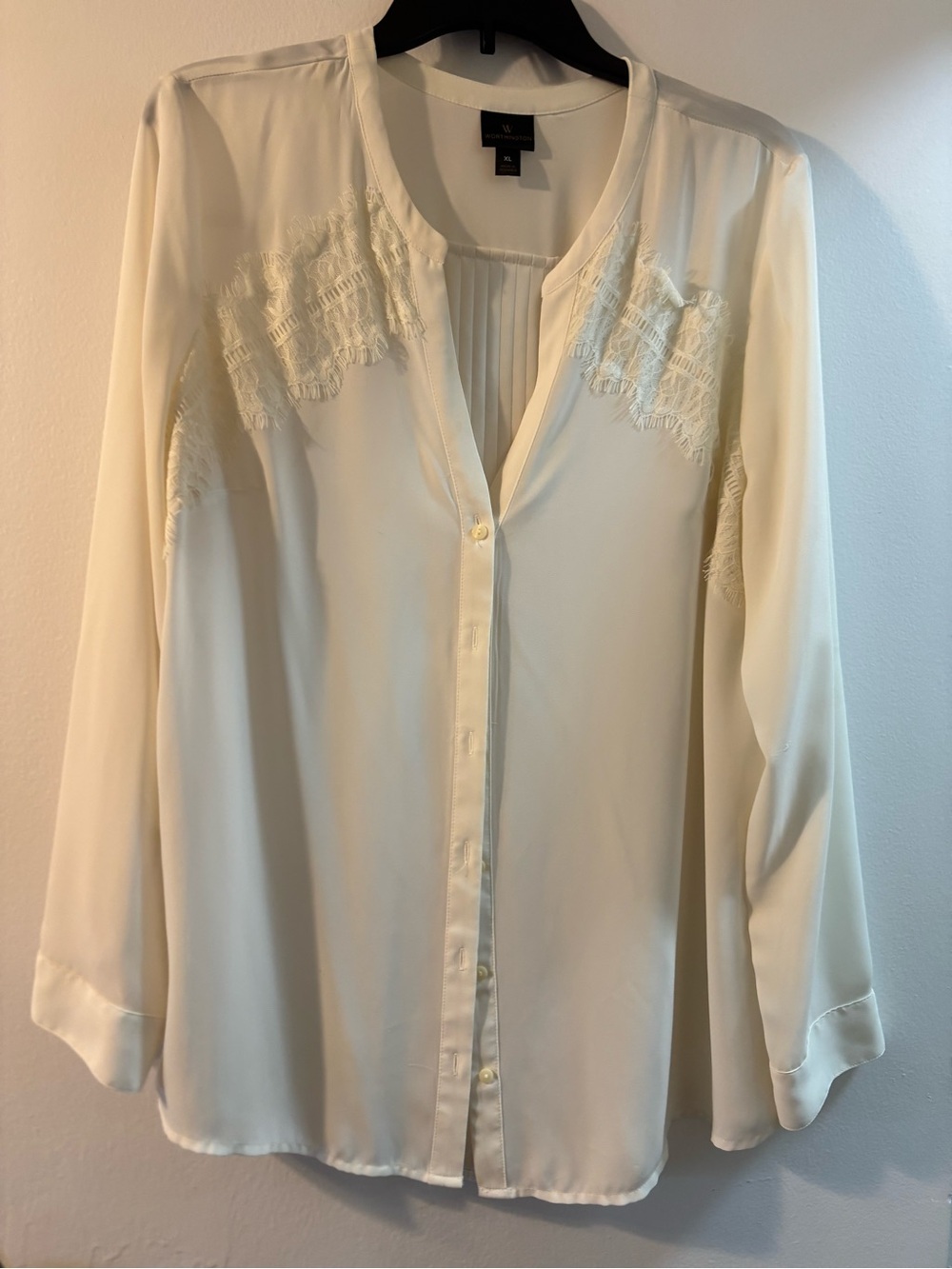 Worthington Cream Lace-Accent Button-Down Blouse